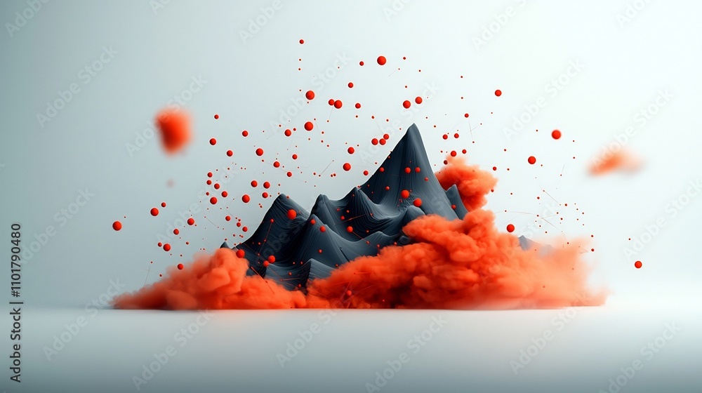 Poster Mesmerizing moody abstract 3D landscape scene with a dynamic flow of vivid red dots and lines creating a captivating mountainous visual  Minimalist white background with a stylized