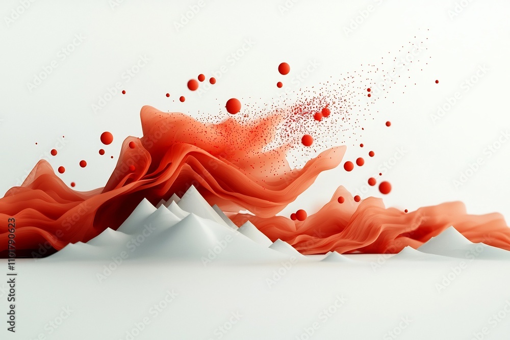 Poster dramatic abstract 3d rendering featuring a captivating wave like formation of vibrant red dots and l