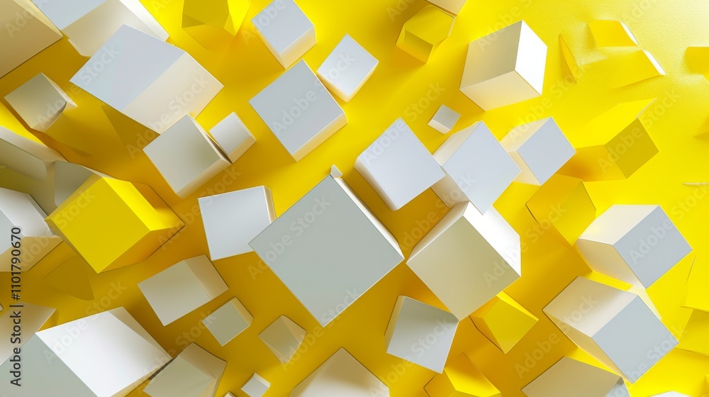 Aufkleber a striking abstract 3d composition featuring white and yellow cubes of various sizes floating on a b