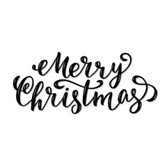 Merry Christmas Lettering, black letters on white background. Brush hand written calligraphy style. For poster, banner, card  for winter holidays.