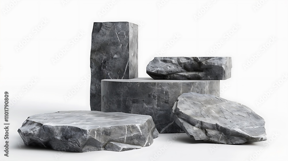 Poster a collection of various gray rocks in different shapes and sizes, showcasing a natural stone texture