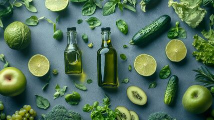 Photo of glass bottles with olive oil surrounded by green fruits and vegetables on a grey background