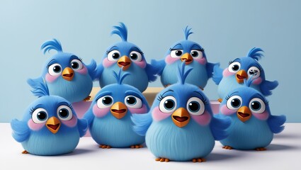 Fototapeta premium A group of adorable blue birds with big eyes and fluffy feathers gather together, radiating cuteness and joy.