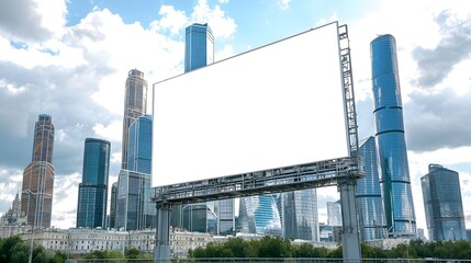 A blank advertising billboard against the backdrop of a summer skyline with glassy high-rise buildings