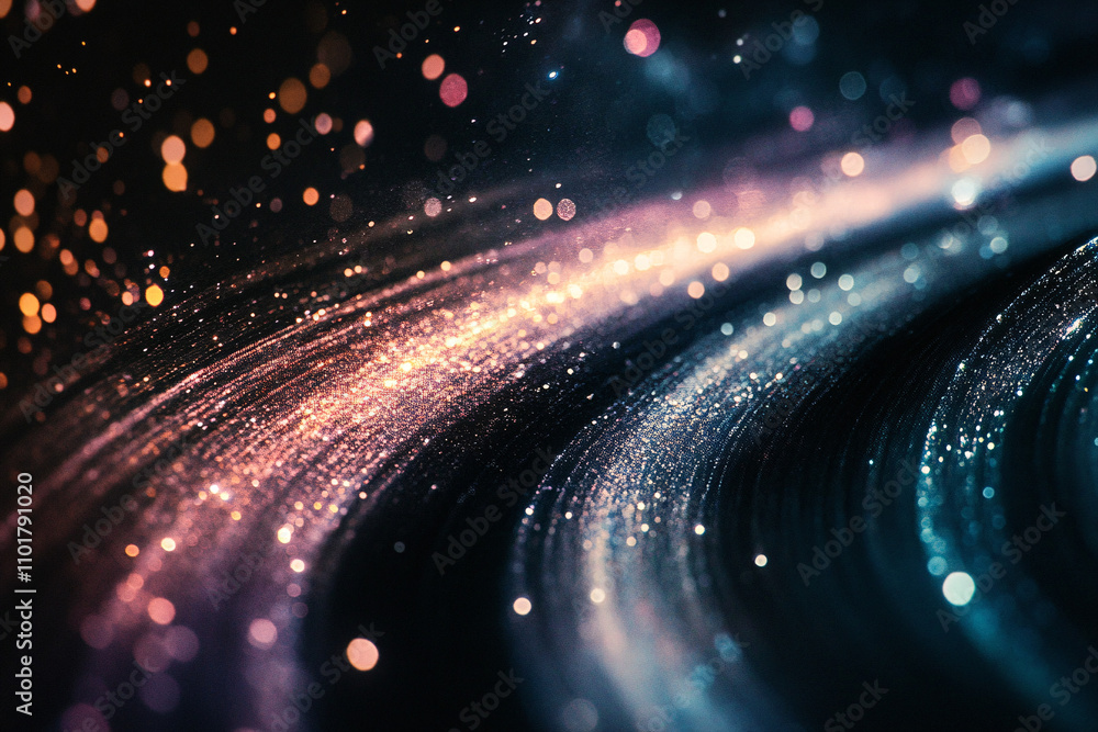 Poster vivid streaks of blue and gold light forming parallel paths on a dark background creating a radiant 