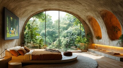 A tranquil bedroom featuring a curved design with large glass windows overlooking lush greenery,...