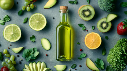 Photo of glass bottles with olive oil surrounded by green fruits and vegetables on a grey background