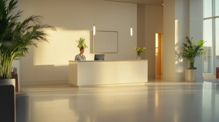 Fototapeta premium A modern reception area with a desk, plants, and natural light.