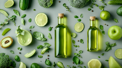 Photo of glass bottles with olive oil surrounded by green fruits and vegetables on a grey background
