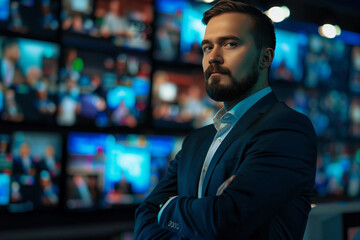 Fototapeta premium Generative AI professional male female Television Reporter in broadcast Studio with Camera