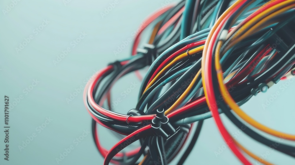 Aufkleber a close-up view of intertwined electrical wires in various colors, showcasing their complexity and d