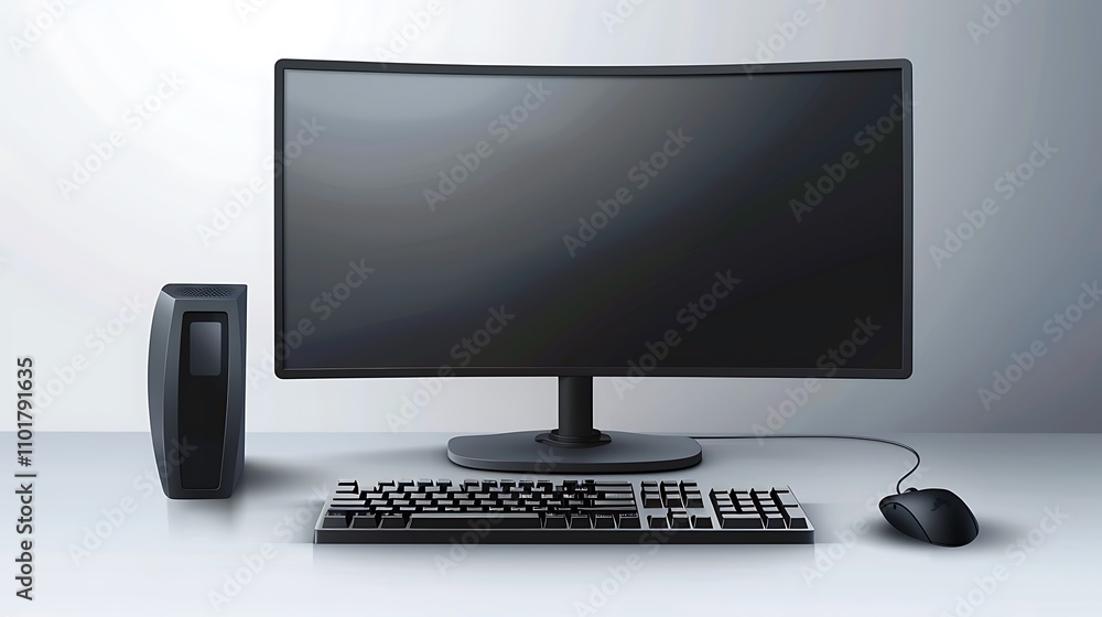 Poster a sleek computer setup featuring a curved monitor, keyboard, and mouse, designed for productivity an