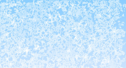 Frozen winter frost background. Abstract icy pattern in white and blue color. Frost-covered glass texture on a chilly winter morning