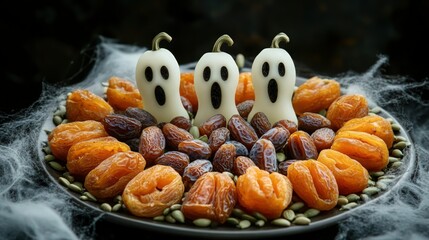 A spooky dry fruit arrangement featuring pumpkin seeds forming a ghost pattern, dates carved into eerie faces, and dried apricots shaped like mini pumpkins. 