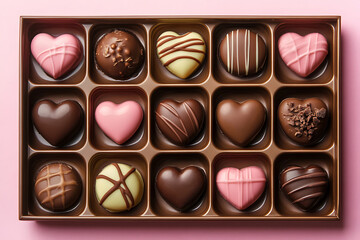 Heart-shaped chocolates in a box on a pink background, making a delightful valentine's day present