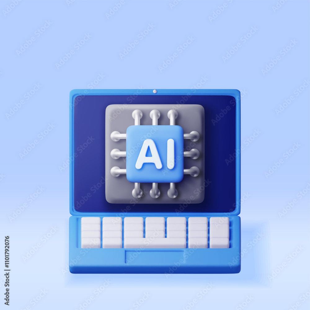Poster 3d ai chip in laptop. render artificial intelligence mobile computer chip set icon. ai processor in 