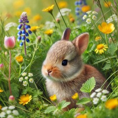 Fototapeta premium Small rabbit is sitting in spring field among summer wildflowers and grass. Postcard, card, background for design with nature 