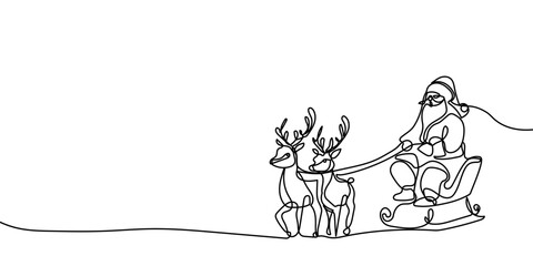 single line drawing of Santa Claus in sleigh pulled by reindeers, line art vector illustration