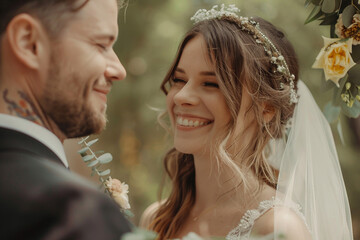 Romantic Wedding Day Portrait of Loving Couple Embracing Floral Bouquets decorated place church, Generative AI