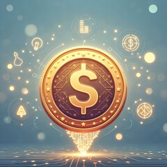 Flat Macro Image Glowing Promotional Badge Currency Symbols Copy Space Modern Advertising Financial Promotions