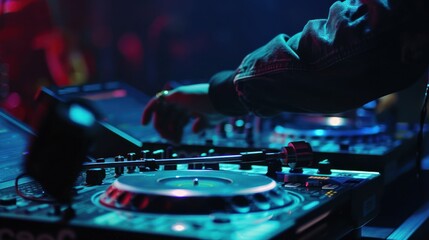 Naklejka premium DJ mixing music on a turntable in a nightclub
