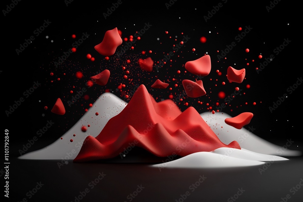 Poster surging abstract mountain shapes composed of flowing red dots and dynamic lines against a deep black