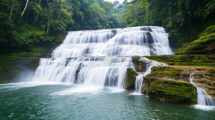 Fototapeta premium Majestic waterfall cascading over rocks in lush green forest