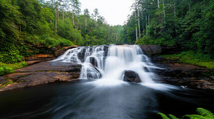 Obraz premium serene waterfall cascades over smooth rocks in lush forest