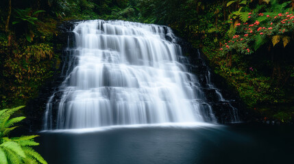 Obraz premium serene multi tiered waterfall surrounded by lush green forest