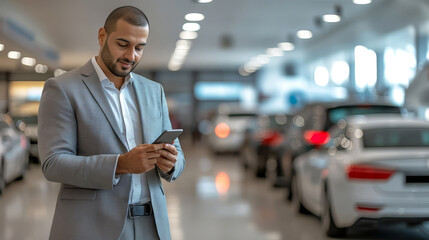 Elegant arabian salesman is using smartphone at car showroom. Professional sales person working in modern car dealership. Modern technology in auto dealership. Support car insurance service.