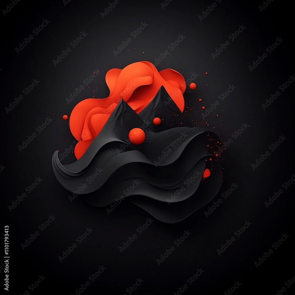Poster dramatic and ominous abstract 3d landscape with swirling red shapes and particles creating a strikin