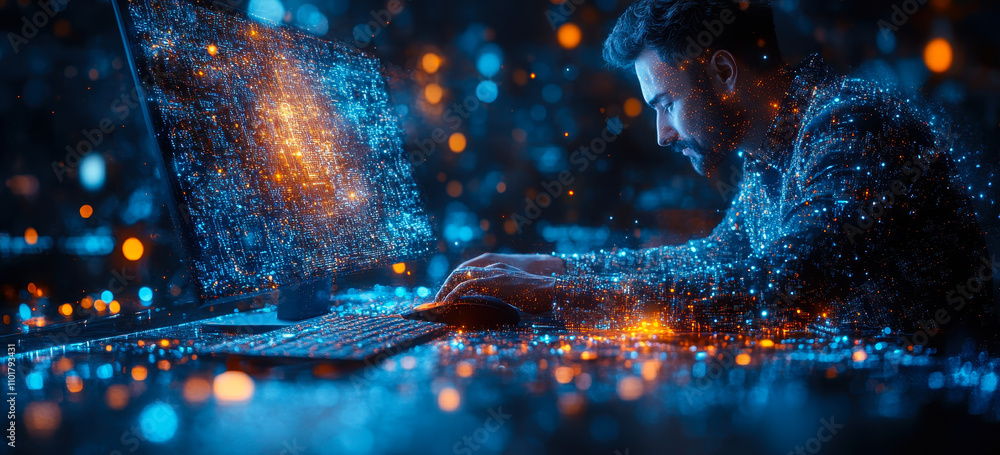 Aufkleber businessman engaging with digital network and big data in abstract tech environment