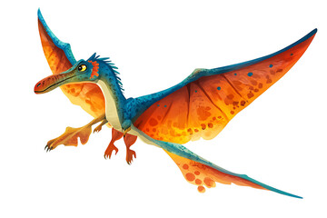 A colorful pterosaur illustration in flight, showcasing its vibrant wings and features.
