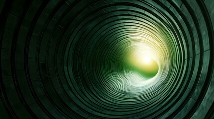 Obraz premium The image shows a dark green, spiraling tunnel leading to a bright light at its end.