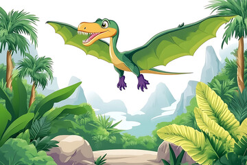 A cartoon pterosaur flying over a lush, tropical landscape with mountains in the background.