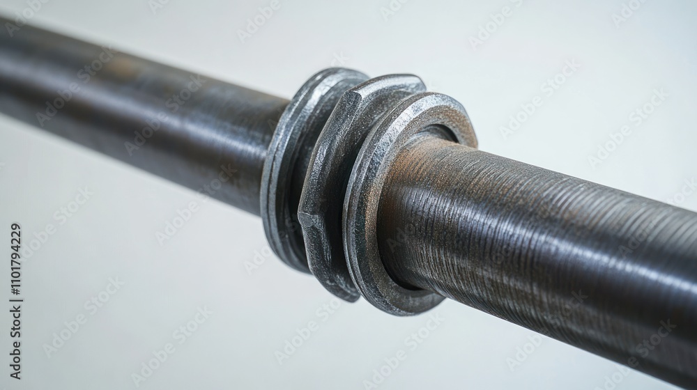 Poster a close-up of a metallic pipe with a threaded coupling for secure connections.