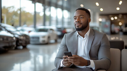 Smiling african american salesman using smartphone at car showroom. Professional sales person working in modern car dealership. Modern technology in auto dealership. Modern transportation.