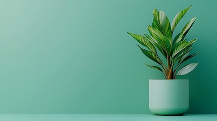 Green Plant in a Pale Green Pot Against a Teal Wall