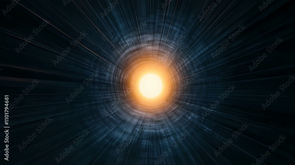 Poster the image shows an abstract representation of a dark tunnel converging towards a bright, yellowish-w