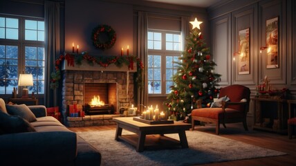 Cozy Christmas Living Room with Fireplace and Decorated Tree