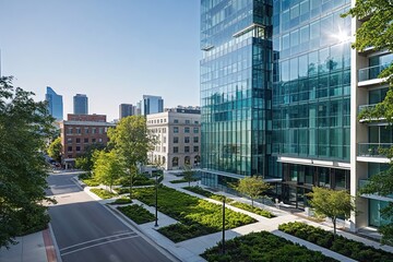 Obraz premium Modern Urban Business District Showcasing Glass Architecture and Vibrant Greenery in Bright Daylight