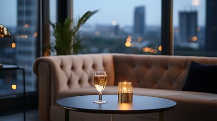 Obraz premium Romantic evening city view, wine glass, candle on a coffee table.