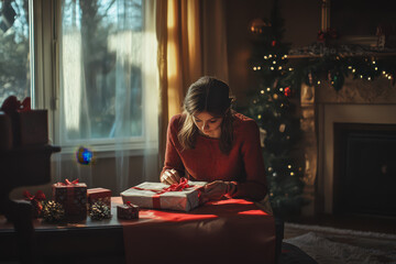 Woman Wrapping Large Christmas Gift