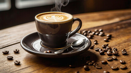 Cappuccino coffee in a beautiful glass on the table favorite cup of coffee