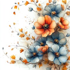 Fototapeta premium A vibrant floral arrangement featuring orange and blue flowers with delicate leaves.