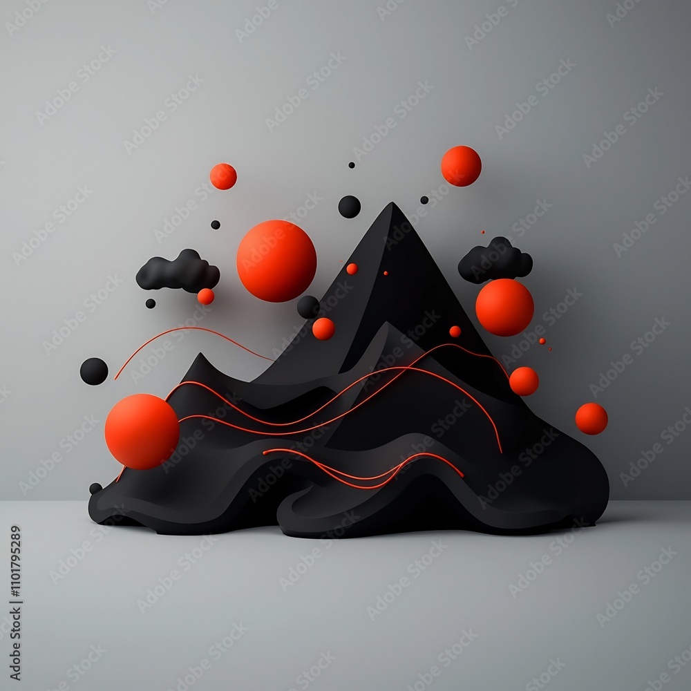 Poster surreal and abstract 3d rendering of a mountainous landscape with flowing lines and pulsing red orbs