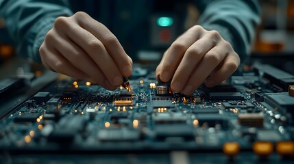 Macro Close-Up of Engineer's Hands Using Smart Diagnostic Equipment for Precision Work