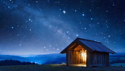 A serene wooden stable under a deep blue starry night sky, symbolizing the nativity of Jesus Christ, with ample copy space for spiritual or Christmas-themed creative designs and projects. (