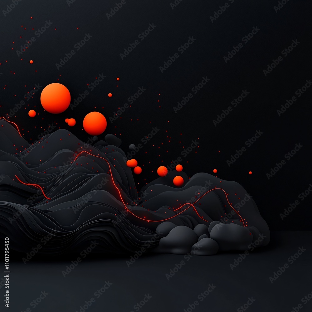 Poster dramatic and mesmerizing abstract landscape with flickering red dots and elegant lines shaping an ot