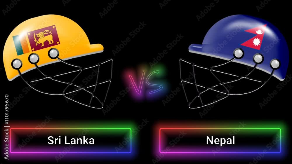 Poster sri lanka vs nepal match animation with flags on helmets and colorful border over text all on black 